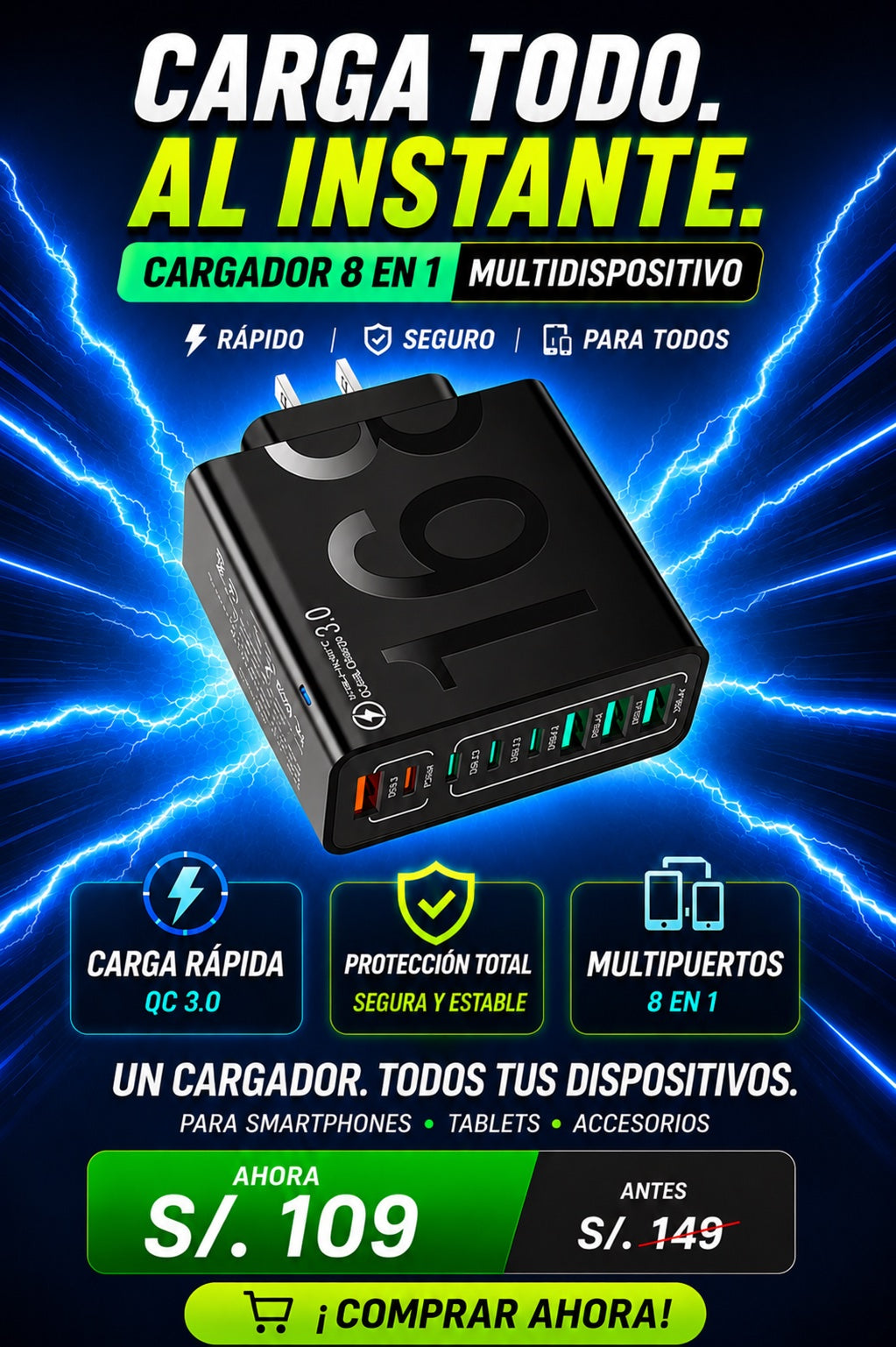 Cargador 8 en 1,  Multidispositivo